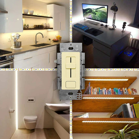 EZDim 60W LED Driver and In Wall Dimmer Combo installed in various home settings with 24V tape lights for smooth dimming.