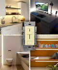 Integrated 100W LED Dimmer And Driver Wall Switch Smooth Operator Dimming Converts 120V AC To 24V DC For LED Tape Lights Recessed Electrical Box Mount UL Certified No Sweat Installation Ready, shown in various settings.