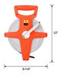 Top view of Tape Measure Half Inch By Three Hundred Thirty Feet Open Reel Dual Sided Fiberglass Measuring Tape with handle