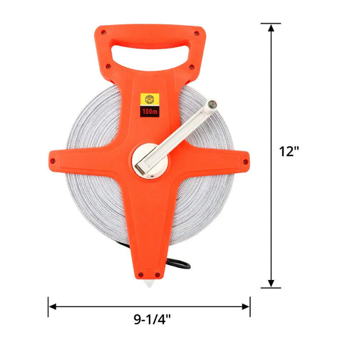 Top view of Tape Measure Half Inch By Three Hundred Thirty Feet Open Reel Dual Sided Fiberglass Measuring Tape with handle