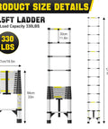Heavy Duty 12.5 Ft Aluminum Telescoping Ladder With Triangle Stabilizers And Non Slip Feet Portable Collapsible Extension Ladder For Home RV And Outdoor Work 330 Lb Max Capacity, folded and extended size details