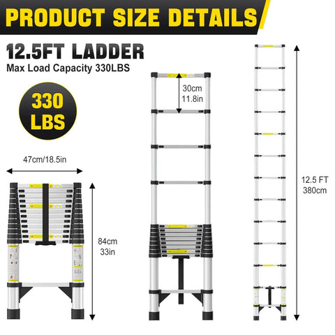 Heavy Duty 12.5 Ft Aluminum Telescoping Ladder With Triangle Stabilizers And Non Slip Feet Portable Collapsible Extension Ladder For Home RV And Outdoor Work 330 Lb Max Capacity, folded and extended size details