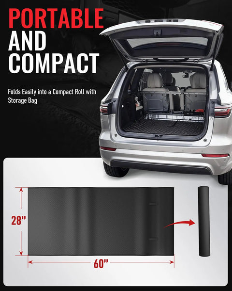 Creeper Rolling Mat Pro Grade 60 Inch By 28 Inch Portable Car Repair Mat shown folded beside SUV with storage bag