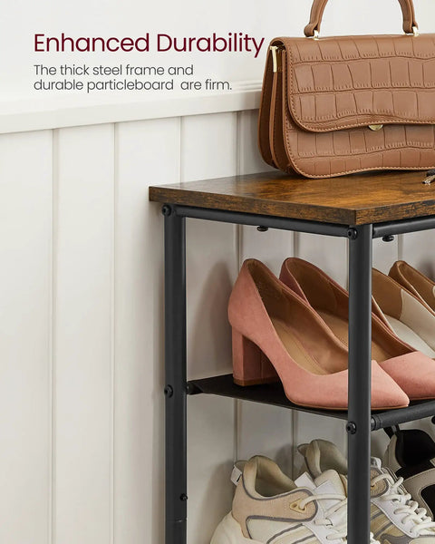 Solid Multi Tier Shoe Rack Storage Organizer Holds Twelve To Sixteen Pairs With Reinforced Steel Frame And Durable Fabric Shelves, showcasing pink heels and sporty shoes.