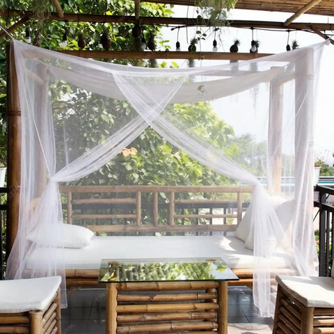 Four Corner Bed Mosquito Net For Canopies And Travel, Rectangular Mesh Netting Installed on Outdoor Bamboo Bed