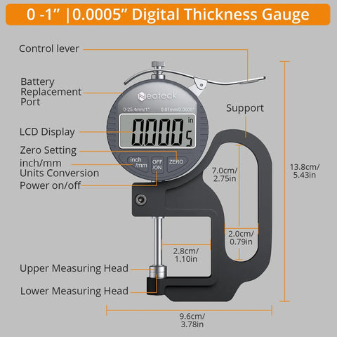 Digital Thickness Gauge With 1 Inch Range, 0.0005 Inch Resolution, 0.01 mm Accuracy, Ultra Fast Response For Wood Metal Plastic, Bang-On Readings For Pros And DIY Makers, No Guesswork, front view with LCD and labeled controls