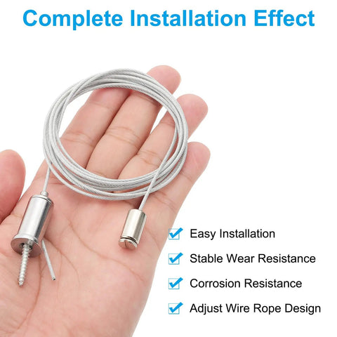 Ceiling Hanging Wire Cable Kit 2m 6.6ft 4 Pack adjustable light suspension kit in hand, chrome finish, includes features list
