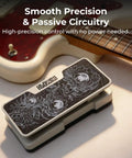 Dual Expression Pedal With Two Independent Outputs And Polarity Switches Passive Expression Pedal For Guitar Pedals Amps Multi Effects And MIDI Controllers Wide Compatibility For Any Pedalboard Setup shown beside electric guitar, illustration design on surface.