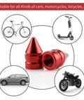 4 Pack Aluminum Alloy Tire Valve Caps For Cars Trucks SUVs And Motorcycles Red Universal Dustproof Valve Stem Caps With Rubber Gasket showcasing different vehicle compatibility