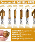 35 Piece Woodworking Chamfer Drill Set With Countersink Plug Cutters Step Bits Stop Collars Center Punch And Hex Keys, six countersink drill bits in various sizes.