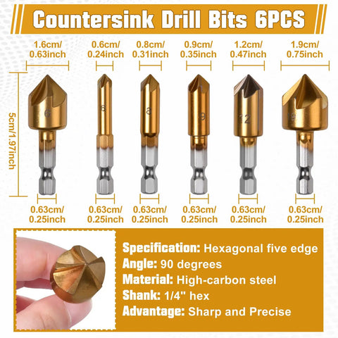 35 Piece Woodworking Chamfer Drill Set With Countersink Plug Cutters Step Bits Stop Collars Center Punch And Hex Keys, six countersink drill bits in various sizes.