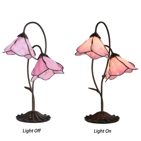 Flower Tiffany Style Stained Glass Table Lamp With 8 Inch Bent Glass Lampshade And Lily Pad Base Two Light Pink Desk Light Off On