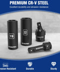 Beefy Half Inch Drive Deep Impact Socket Set, 6-Point Cr-V Steel Metric 10mm To 27mm, Includes 3 Inch And 5 Inch Extensions