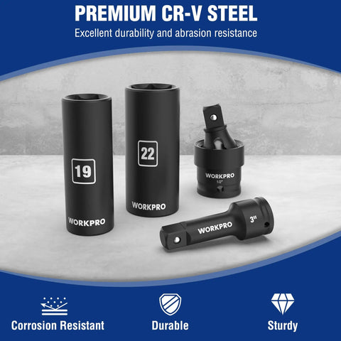 Beefy Half Inch Drive Deep Impact Socket Set, 6-Point Cr-V Steel Metric 10mm To 27mm, Includes 3 Inch And 5 Inch Extensions