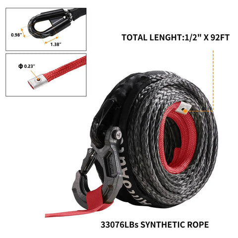 Dyneema Winch Rope With Hook Half Inch By Ninety Two Feet 33076 Lb Load Capacity For Trucks 4x4 Off Road Rigs With Protective Sleeve UV Resistant Lightweight Yet Beefed Up And Ready