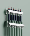 Six Loop Stainment Steel Manifold For Radiant Heat With Flow Meters And One Half Inch Compression Fittings For Hydronic Infloor Heating System Pro Grade Build Homeowner Friendly Heavy Duty Ready To Install Auto Air Drain Mounting Hardware Included mounted on wall