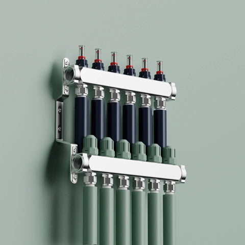 Six Loop Stainment Steel Manifold For Radiant Heat With Flow Meters And One Half Inch Compression Fittings For Hydronic Infloor Heating System Pro Grade Build Homeowner Friendly Heavy Duty Ready To Install Auto Air Drain Mounting Hardware Included mounted on wall