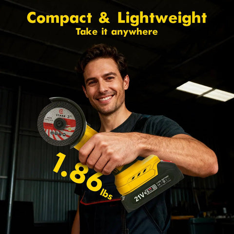 Cordless 21V Mini Angle Grinder Kit with Brushless Motor shown in hand for compact and lightweight design