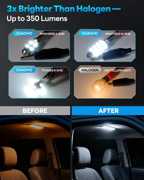 All In One Grab And Go 48 Piece Led Interior Car Lights Kit with 6500K white bulbs shown in before and after comparison image