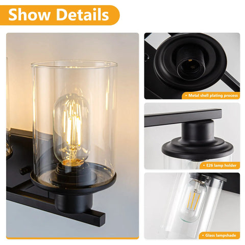 Close-up of a 4-light black bathroom vanity light fixture over mirror, showcasing glass shades and metal frame details.