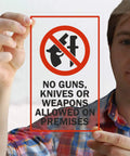 Durable Polyester No Guns Knives Or Weapons Allowed On Premises Sign Decal For Inside Glass Application 5x8 Front Adhesive