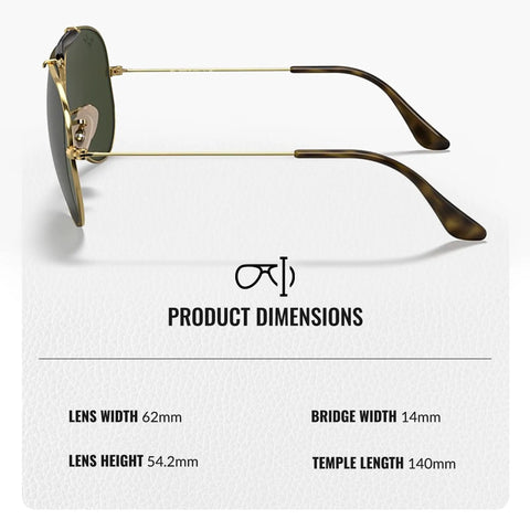 Side view of Pilot Shape Non-Polarized Sunglasses With G-15 Green Lens For Men And Women, showing dimensions and gold frame.