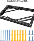 Two 16-inch black YUMORE folding shelf brackets with metal arms; includes screws and yellow wall anchors.