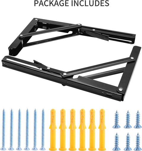 Two 16-inch black YUMORE folding shelf brackets with metal arms; includes screws and yellow wall anchors.