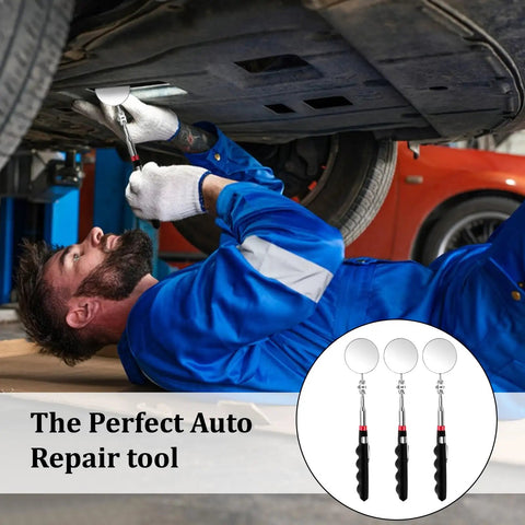 Mechanic using 12 Pack Telescoping Inspection Mirrors Set With 29 Inch Extendable Handles, 360 Rotate Under Vehicle Mirrors for checks