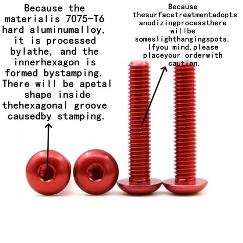 Front and side view: red 7075-T6 aluminum mushroom-head hex socket screws, M3, 4-piece set