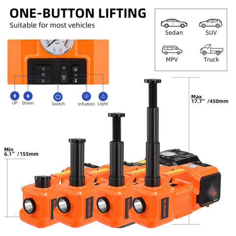 5 Ton 12V Electric Hydraulic Car Jack Kit 5 In 1 Portable Lift With Tire Inflator, Impact Wrench, LED Light, Auto Stop Safety Lock