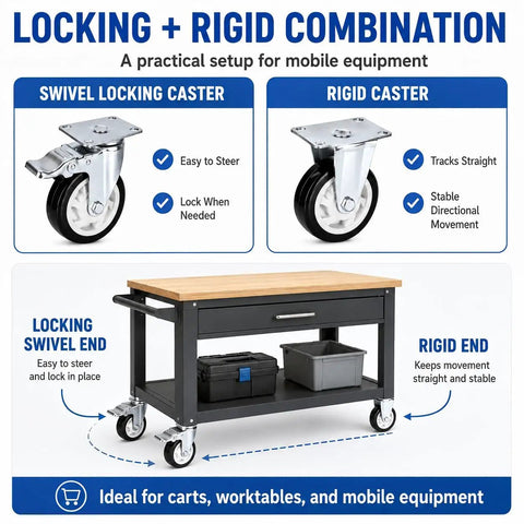 Heavy Duty Three Inch Caster Set With Two Fixed Trackers And Two Bulletproof Locking Swivel Wheels, Thick Black Polyurethane Tires shown with swivel and rigid casters.