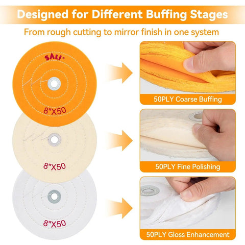 Top Shelf 3 Pack Of 8 Inch Polishing Wheels For Bench Grinders featuring coarse, fine, and gloss pads for buffing stainless steel.