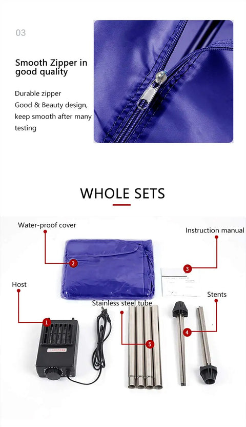 Components of Portable Travel Clothes Dryer 900W Compact Electric Dryer For Apartments, Foldable parts, zipper detail, manual