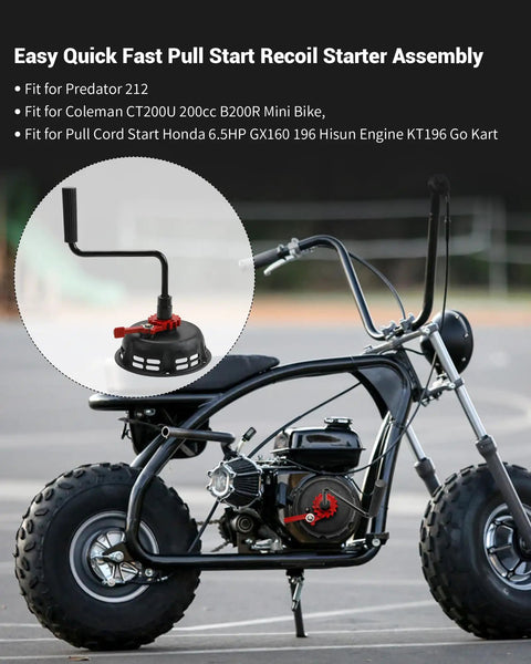 Easy Install Pull Start Recoil Starter Assembly For Predator 212 And Coleman 200cc Mini Bikes installed on a black mini bike