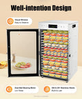 Heavy Hitter 18 Tray Food Dehydrator Machine Featuring No Sweat Touch Controls Adjustable Temperature Settings And Smooth Airflow Design For Rolling Out Top Tier Jerky Dried Fruit And Savory Snacks Daily with open door and stacked fruit slices.