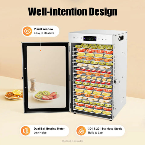 Heavy Hitter 18 Tray Food Dehydrator Machine Featuring No Sweat Touch Controls Adjustable Temperature Settings And Smooth Airflow Design For Rolling Out Top Tier Jerky Dried Fruit And Savory Snacks Daily with open door and stacked fruit slices.
