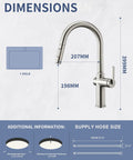 Tohlar Brushed Nickel Kitchen Faucet with Pull Down Sprayer dimensions and specifications diagram on a light background.