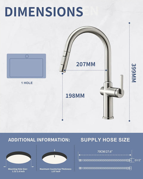 Tohlar Brushed Nickel Kitchen Faucet with Pull Down Sprayer dimensions and specifications diagram on a light background.