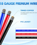 Close-up of three 18 gauge tinned copper wires with black, red, and blue PVC jackets, labeled for corrosion resistance.