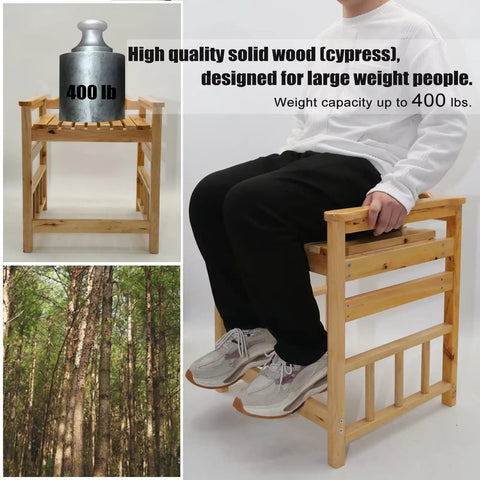Wood Shower Bench Waterproof Spa Stool For Inside Showers Multiuse Shower Chair You Can Also Use As A Toilet Seat Chair Built To Last 400 Lb Capacity Easy Drain And Non Slip Bath Accessory, shown with weight capacity demonstration and natural wood material.