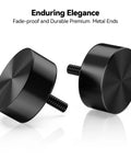 Black aluminum finials for heavy duty adjustable curtain rod, 1 inch diameter, durable fade-proof metal ends, easy install.