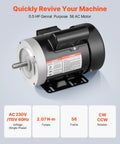 0.5 HP 1725 RPM Air Compressor Motor Single Phase 115V 230V 56 Frame With 5/8 Inch Shaft And CW CCW Rotation TEFC Cooling viewed from side angle.
