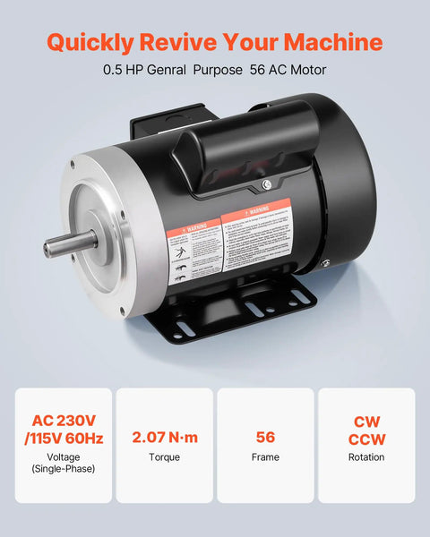 0.5 HP 1725 RPM Air Compressor Motor Single Phase 115V 230V 56 Frame With 5/8 Inch Shaft And CW CCW Rotation TEFC Cooling viewed from side angle.