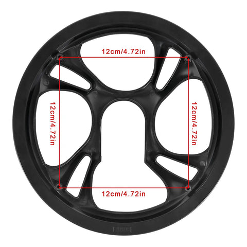 Top view of Bike Chain Guard Protector for 48T 4-Hole Cranks, plastic sprocket guard showing measurements and design details