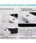 Adjustable components of Hands Free Headband Magnifier With Light Rechargeable 1X To 14X Headset Glasses, LED illumination, lenses.