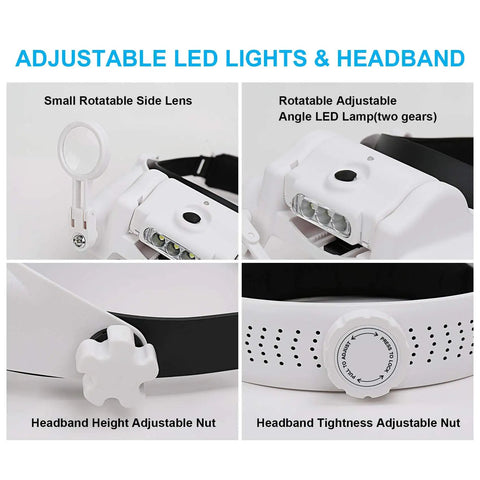 Adjustable components of Hands Free Headband Magnifier With Light Rechargeable 1X To 14X Headset Glasses, LED illumination, lenses.