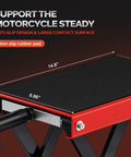 Beefy 1100 Lbs Motorcycle Scissor Lift Jack with rubber top surface and height adjustable range for dirt bikes and ATVs, red.