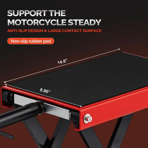 Beefy 1100 Lbs Motorcycle Scissor Lift Jack with rubber top surface and height adjustable range for dirt bikes and ATVs, red.