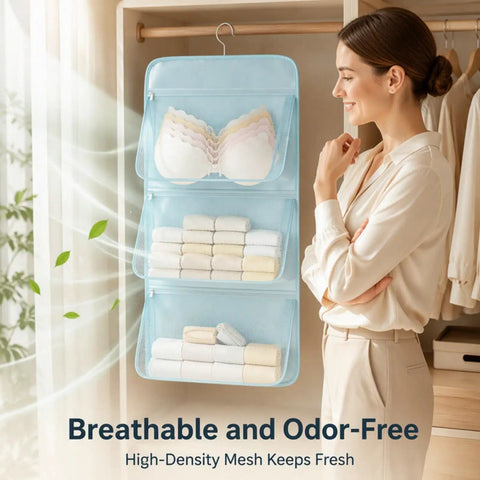 Pink Mesh Storage Hanging Bag With 360 Swivel Hook and Expandable Double Layer Closet Organizer holding bras and towels.